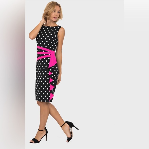 EUC Joseph Ribkoff Black-Vanilla-Neon Pink Polka-Dot Dress Style 191828 Size 8 - Picture 2 of 15